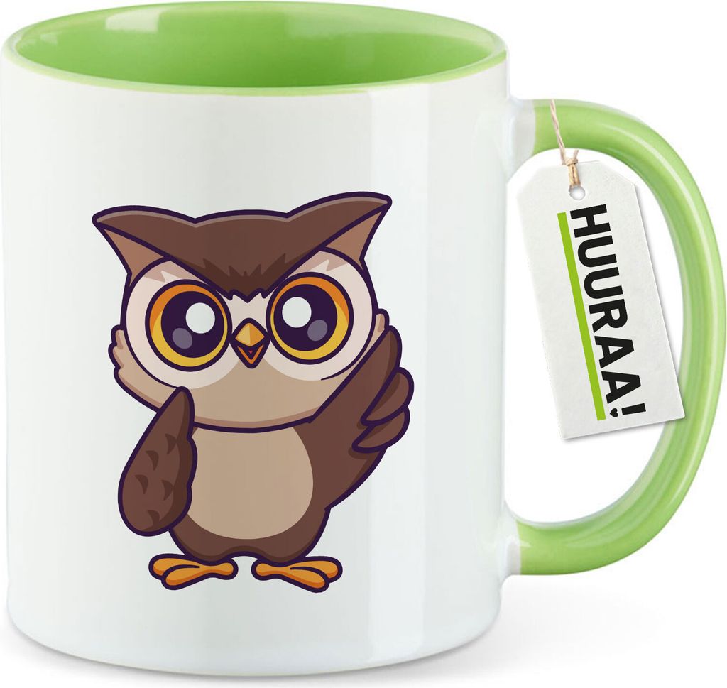 Huuraa Kaffeetasse Eule Comic 330ml Grün Keramik Kaffeebecher Geschenkidee