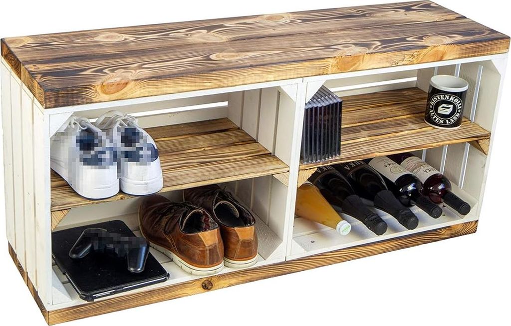 Schuhregal mit Sitzbank aus massivem Holz und Obstkisten