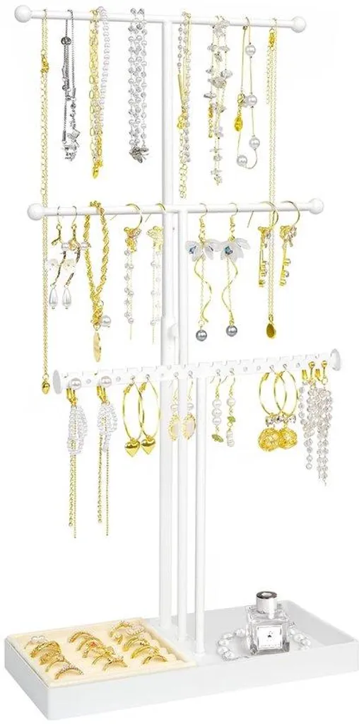 Porte-bijoux blanc 3 niveaux et coffret bagues en velours ajustable