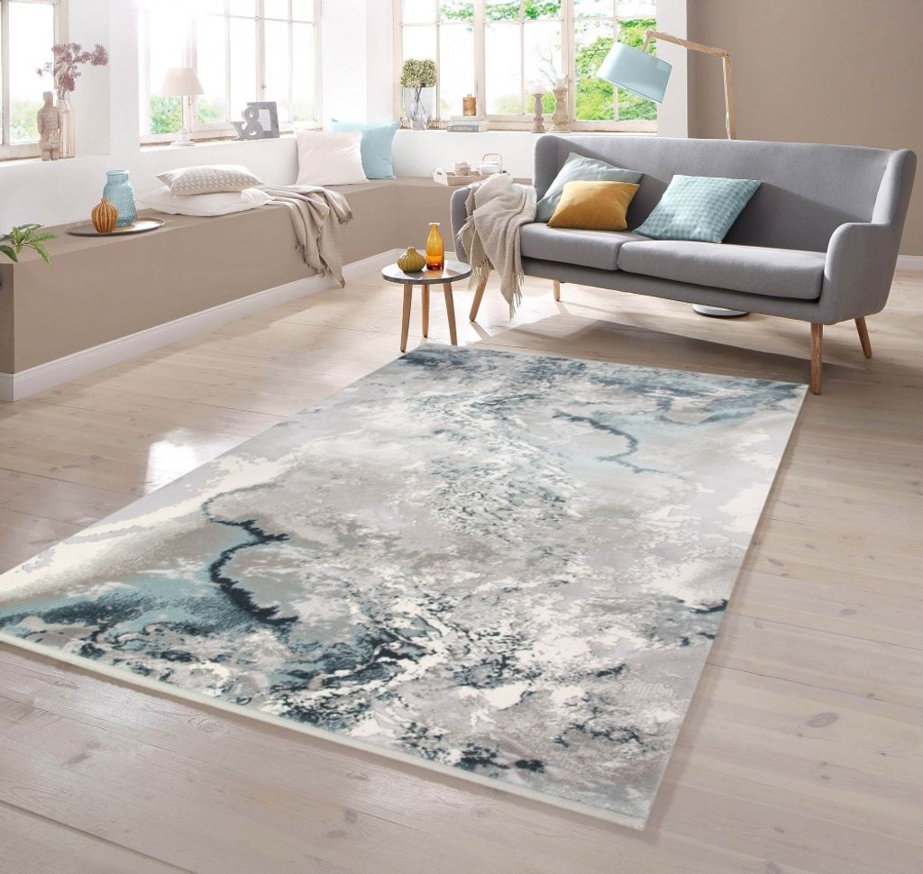 Teppich Abstrakt in Grau Blau Creme Größe - 80 x 300 cm