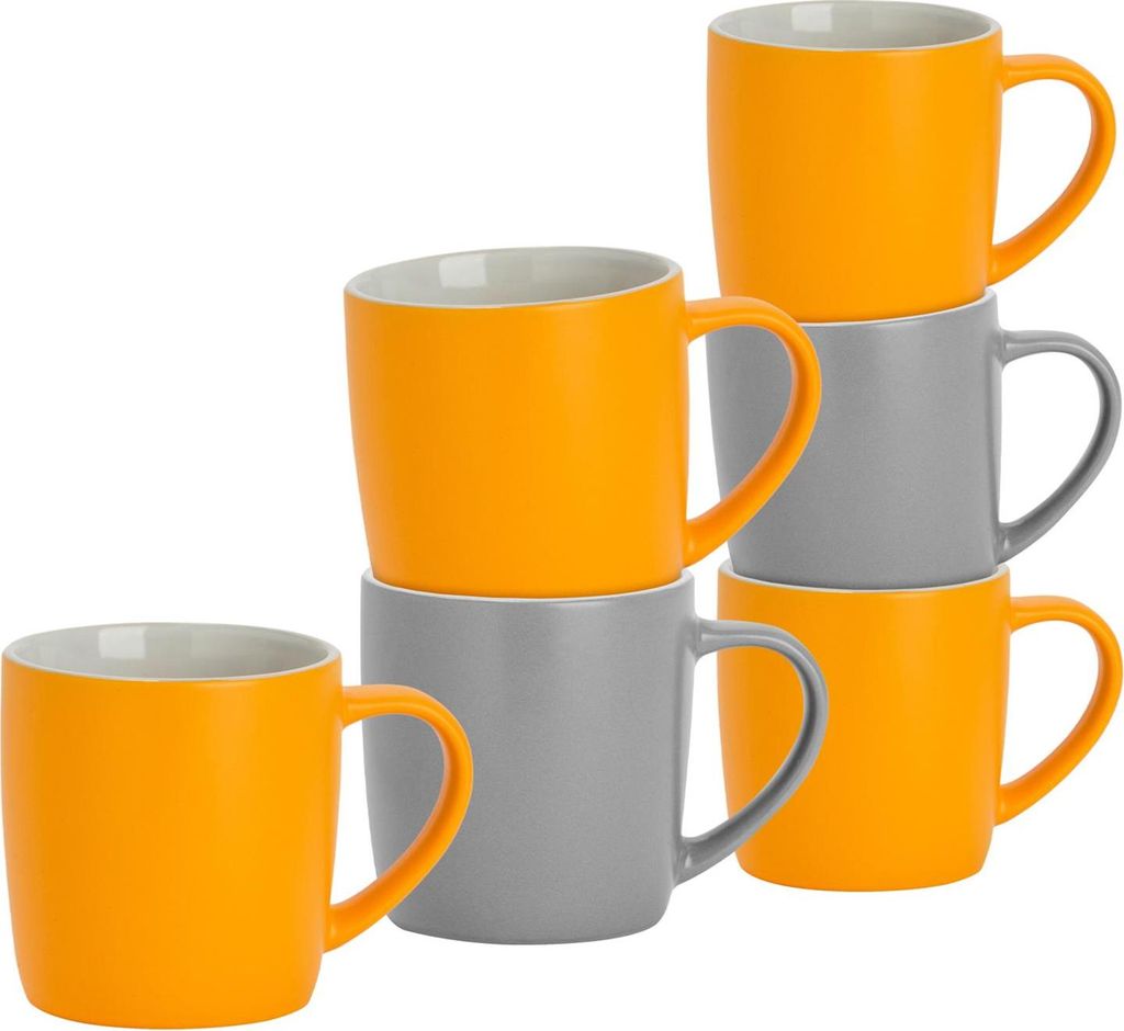 Argon Ta Kaffeetassen in matten Farben – 350 ml – Grau/Gelb – 6er-Pack – Robuste Teetasse aus Steingut, spülmaschinen- und mikrowellengeei...