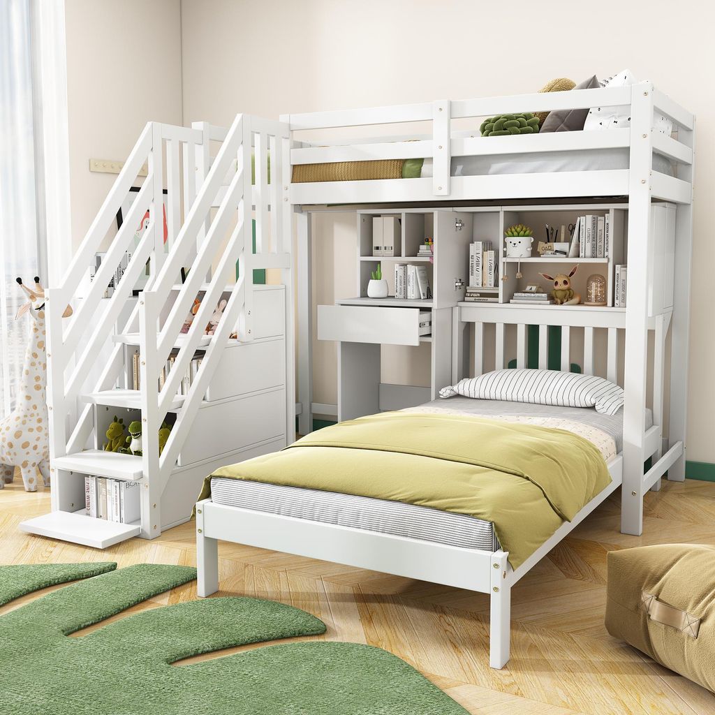 Odikalo Hochbett 90×200, Kinderbett mit Stauraum/Schreibtisch/ Regale Kinder-Etagenbett mit Lattenrost, Weiß