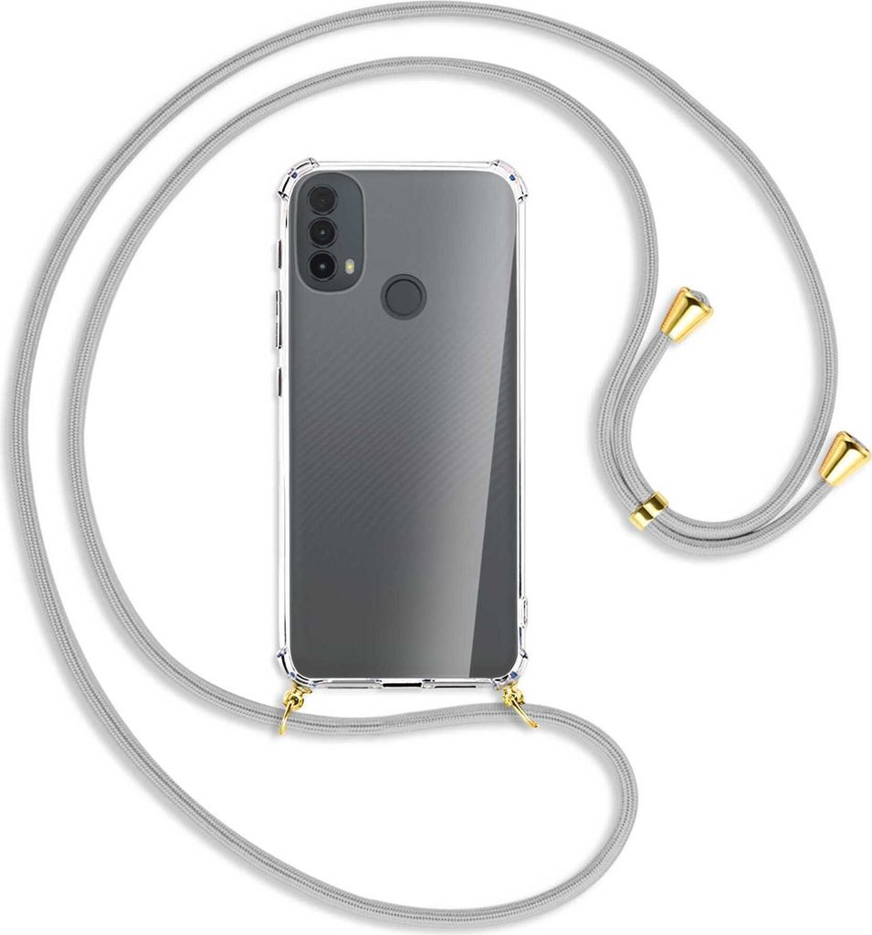 Handykette Backcover-Schutzhülle mit Band (Metall goldfarben) für Motorola Moto E30, Moto E40 - silbergrau