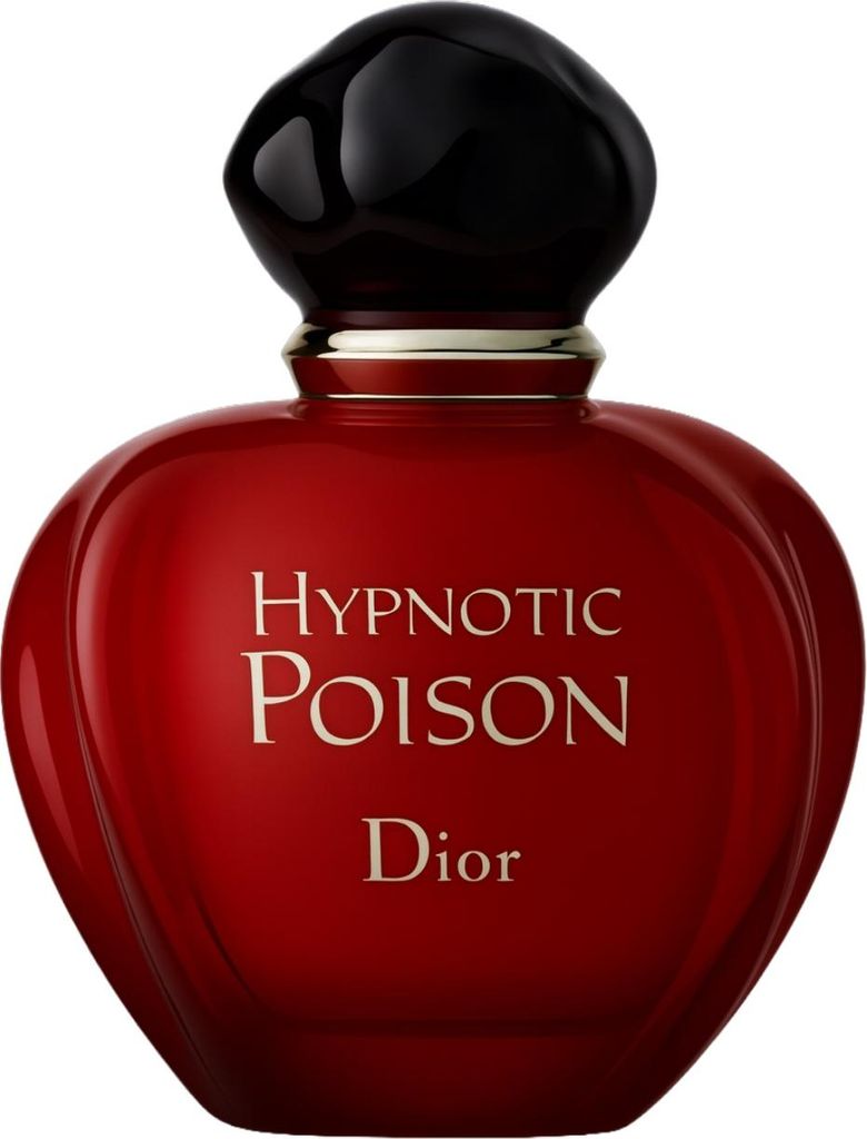 A red Dior Hypnotic Poison perfume bottle with a black cap.