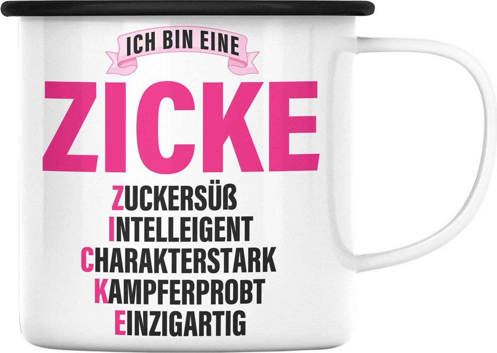 Trendation - Zicke Emaille Tasse Geschenk Emaille Emaille Tasse für Frauen Frau Lustig Pink (Schwarz)
