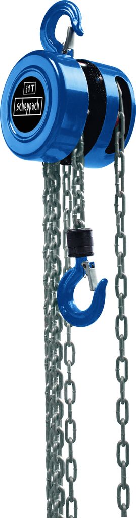 A blue chain hoist with a hook and chains against a white background.