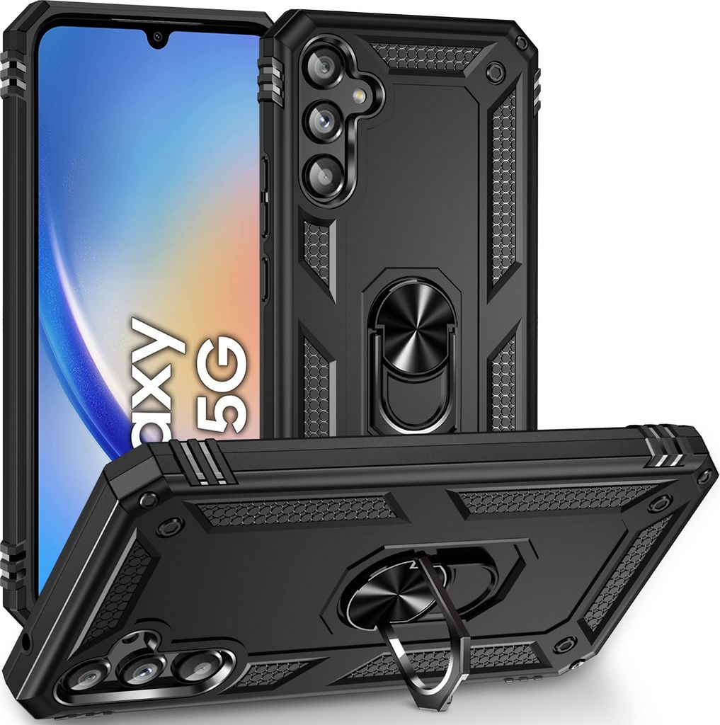 Schutzhülle für Samsung Galaxy A34, Dual Layer Robust Militäre Fallschutz Hülle mit Ringhalterung Ständer Schwarz