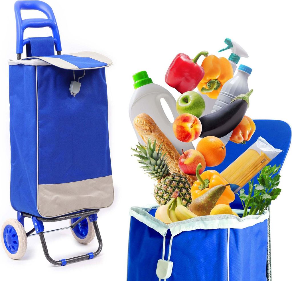 A blue shopping trolley is shown next to a collection of groceries spilling out of another shopping trolley.