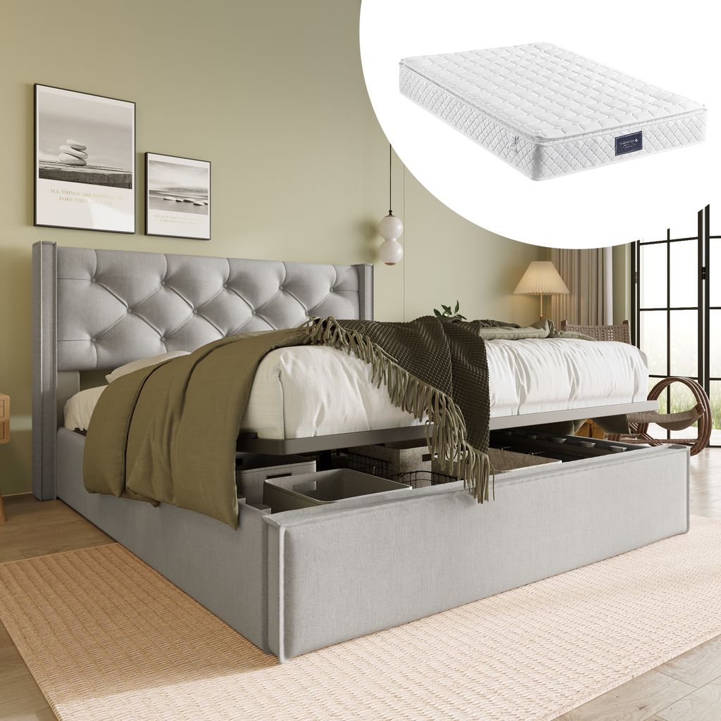 MODFU Boxspringbetten Polsterbett 140x200cm Hydraulisch Doppelbett mit Lattenrost aus Metallrahmen, mit Matratze, HellGrau