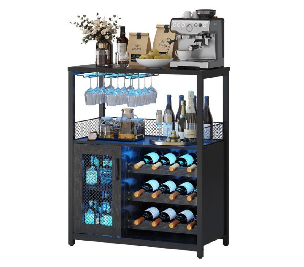Weinregal Barschrank mit verstellbarem Weinregal und Glashalter Weinbarschrank für Küche, Esszimmer, Wohnzimmer, 70 x 35 x 92 cm, schwarz