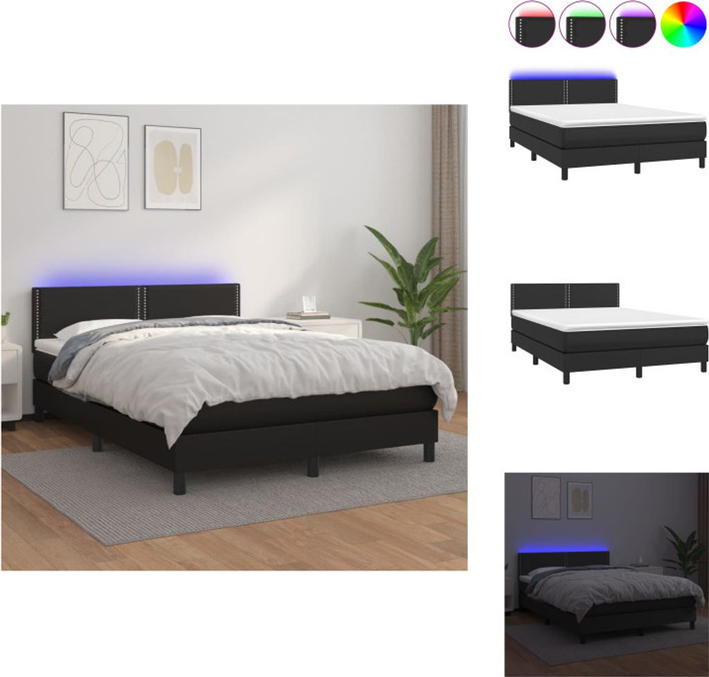 vidaXL Boxspringbett mit Matratze & LED Schwarz 140x200 cm Kunstleder - Betten & Bettgestelle
