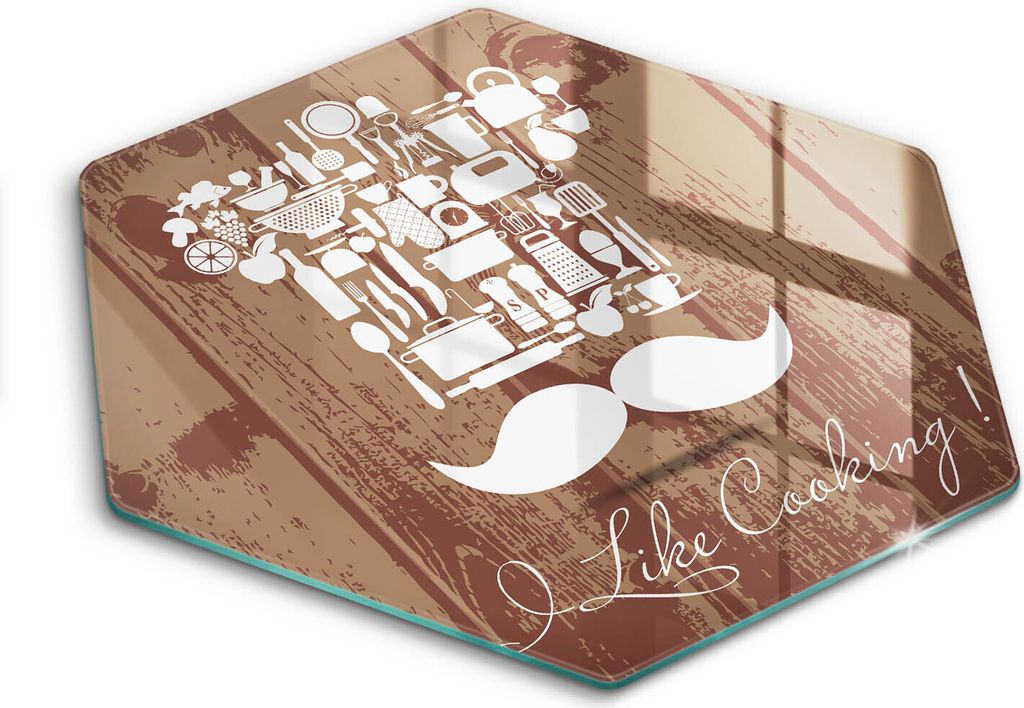 Glasschneideplatte - Herdabdeckplatte - Hexagon 40 cm -Schneidebrett - Spritzschutz - Inschrift und wie Kochen