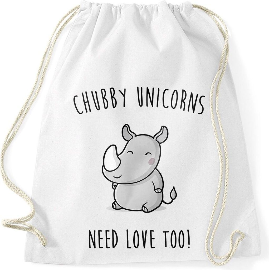 Turnbeutel chubby Unicorns need love too Nashorn Einhorn Spruch Moonworks weiß unisize