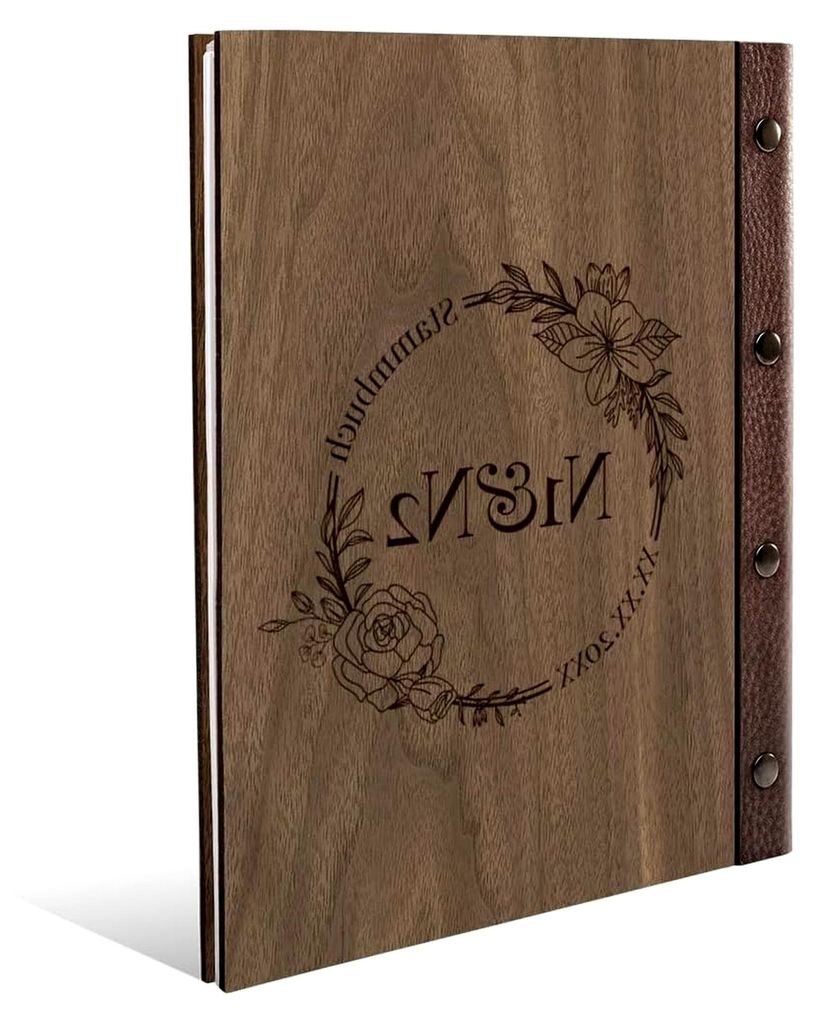 Personalisierte Hochzeitsstammbuch aus echtem Holz mit Leder Rücken in A5 oder A4 inkl. vorgedruckten Seiten - Blumen Initialen