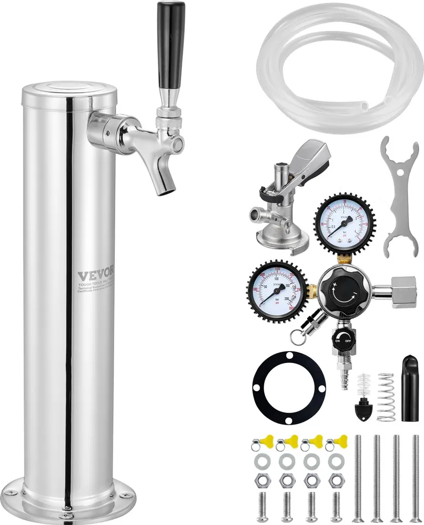 Kit torre Kegerator, kit di conversione per birra a rubinetto singolo, sistema di spillatura a torre per birra a fusto in acciaio inox con regolatore a doppio metro W21,8 e accoppiatore per fusto A-system, vassoio raccogli-birra per feste in casa