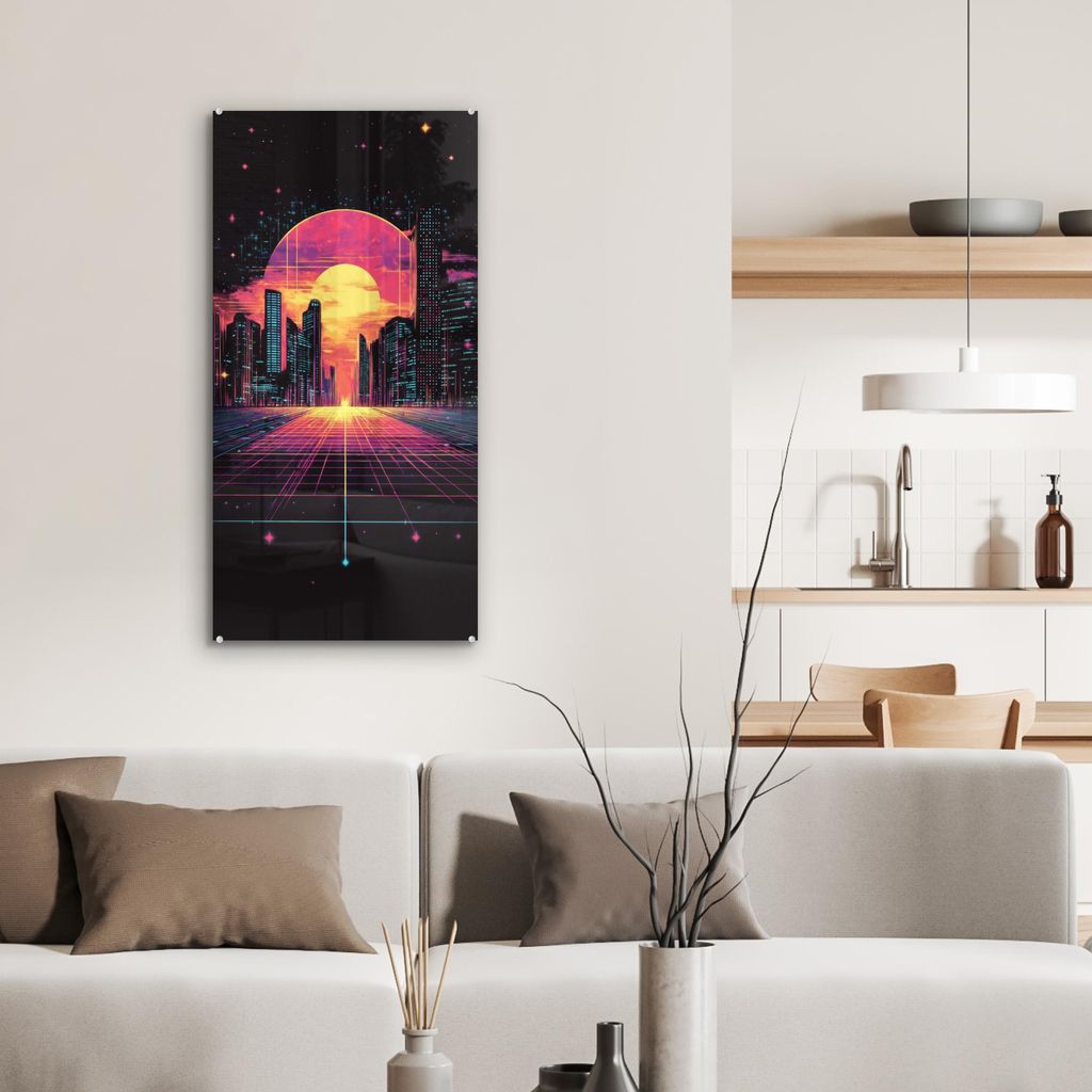 MuchoWow Glasbilder - Bilder auf Wandbild - Foto auf Glas Stadt - Gebäude - Sonne - Gelb 40x80 cm Wanddekoration aus Glas - Acrylglasbild - Acrylb...