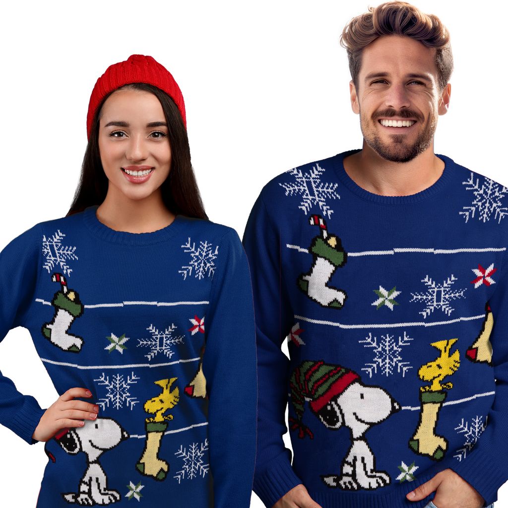The Peanuts Winterpullover Uni - Snoopy Winter Strick Pullover Sweatshirt Ugly Sweater für Herren & Damen Blau L