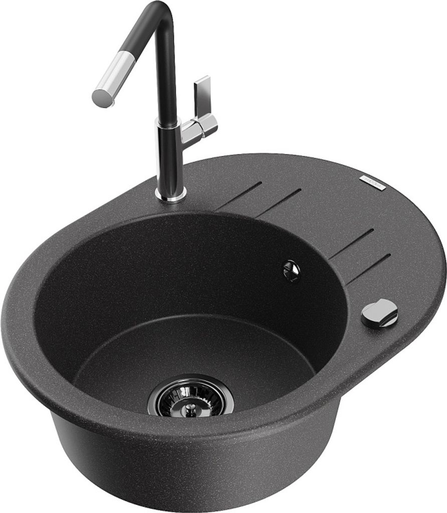 Mexen Kevin 1 Becken-Granitspüle mit Abtropffläche und Mischbatterie Flora, Schwarz gesprenkelt - 6517-76-670401-07-B
