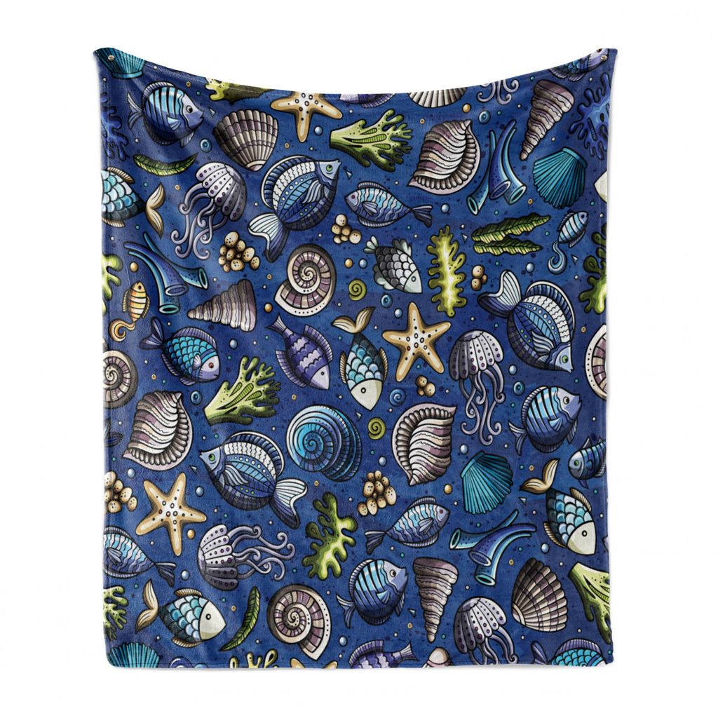 ABAKUHAUS Nautisch Weich Flanell Fleece Decke, Fisch Muscheln und Algen, Gemütlicher Plüsch für den Innen- und Außenbereich, 125 x 175 cm, Dunk...