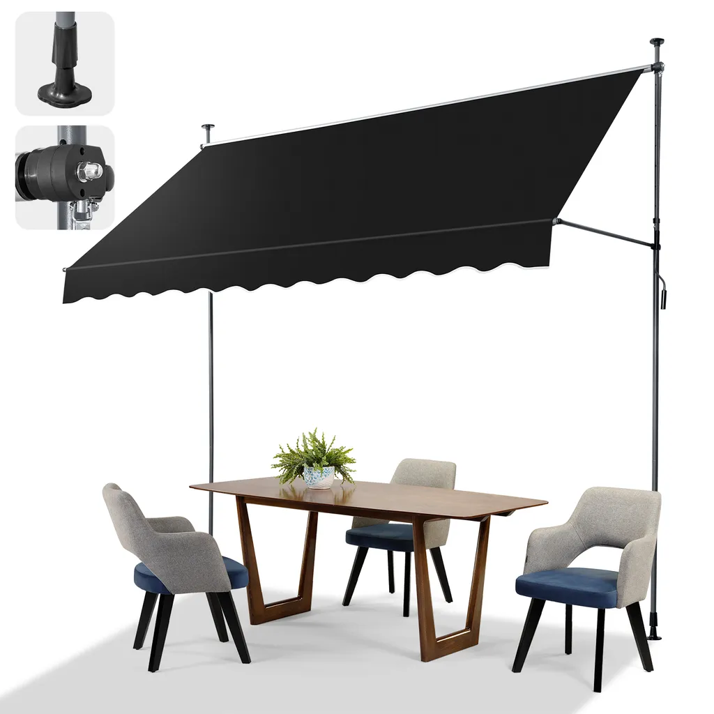 FCH tenda da sole per balcone 300x120x(200-300) cm tenda da sole a bracci pieghevoli tenda da sole a morsetto tenda da sole per balcone senza foratura - ombreggiatura di terrazza e balcone, nero