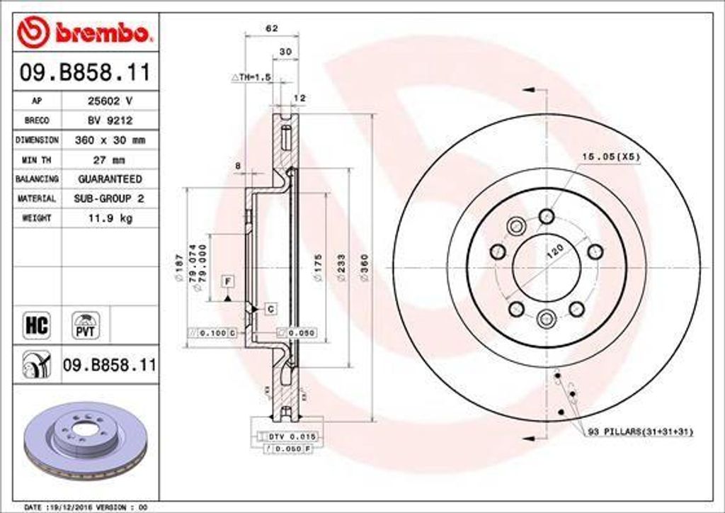 BREMBO 09.B858.11 Bremsscheibe OE LR038934 kompatibel mit Range Rover, Discovery