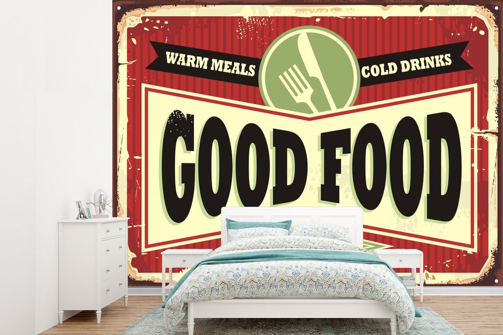 MuchoWow Fototapete für Wohnzimmer oder Schlafzimmer Wandtapete Vinyl Motivtapete Essen - Jahrgang - Restaurant - Zeichnung - 305x220 cm - Wandb...