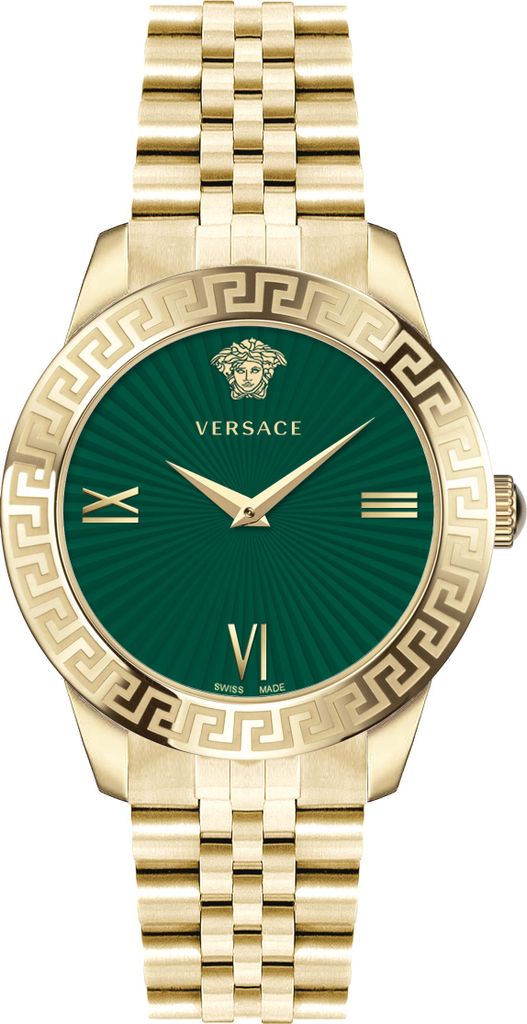 A close-up studio shot of a gold Versace watch with a green dial.