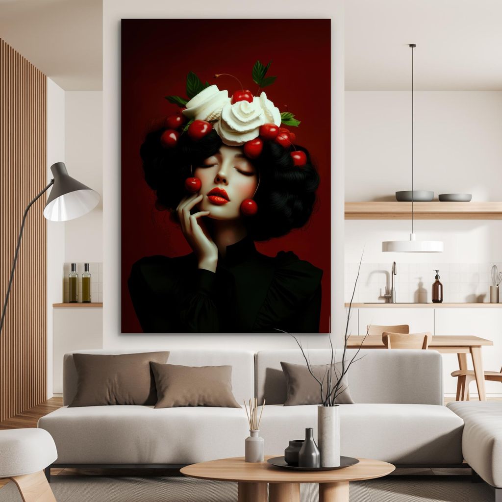 MuchoWow Wanddekoration Metall Metallbild Wandkunst 100x150 cm Frau - Kirschen - Schlagsahne MuchoWow Aluminium Gemälde - Bild