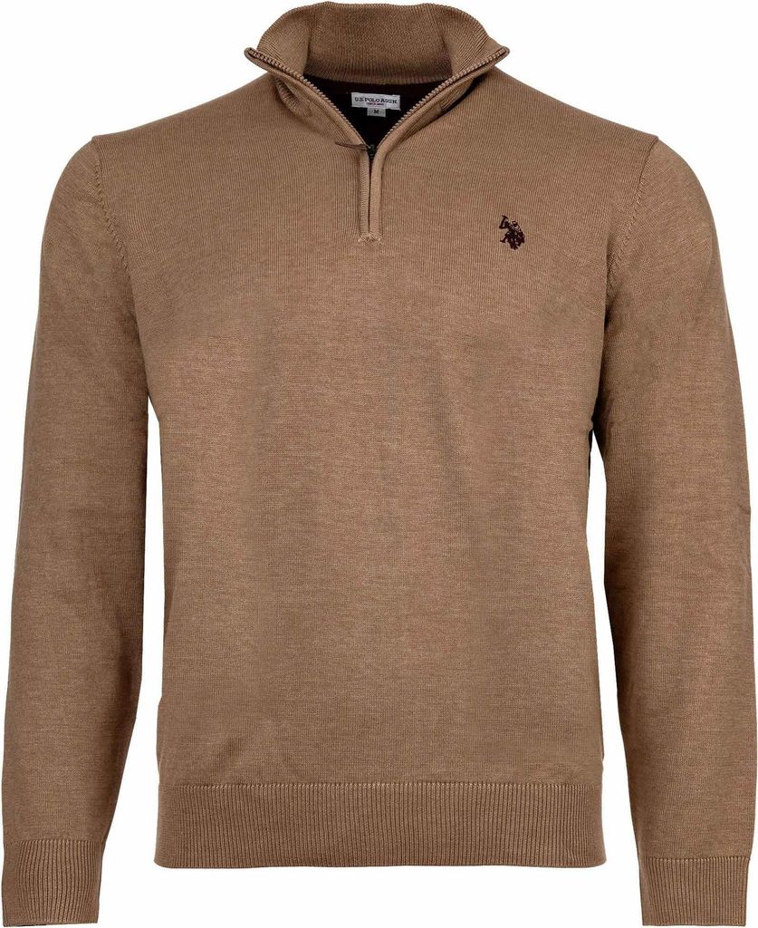 U.S. POLO ASSN. Herren Strickpullover mit Stehkragen - Half Zip, Logo, Baumwolle Beige XL