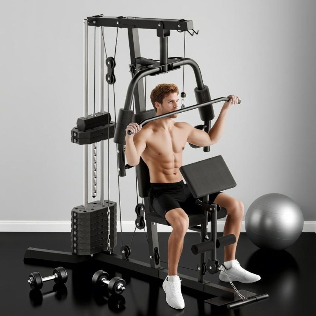 AIORBER Kraftstation Multigym 180x108x200 cm mit 45 kg Gewichtsblock, Home Gym Trainingsgerät aus Stahl für Ganzkörpertraining Schwarz