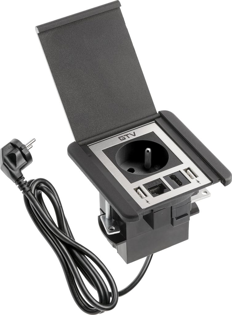 GTV - Möbelsteckdose FLIP, Einbausteckdose, 1x French Steckdose, 2X USB A, 1x RJ45, 1x HDMI, Kabellänge 1,5m, Farbe Schwarz, für Schreibtische, ...
