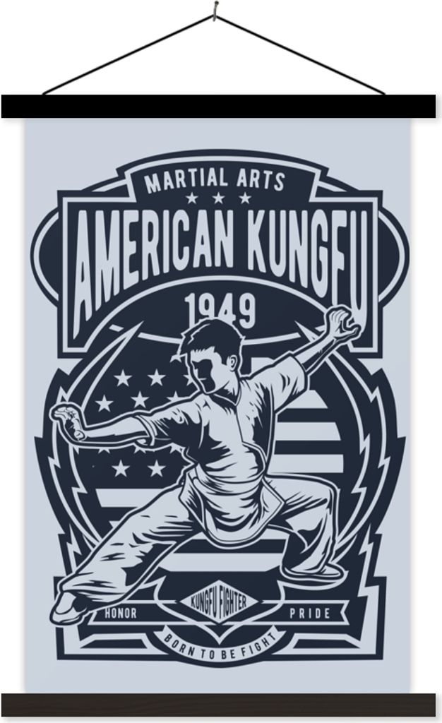 MuchoWow Textilposter Kungfu - Sport - Retro - Zeichnung 40x60 cm mit schwarzem Rahmen - Wanddekorationen