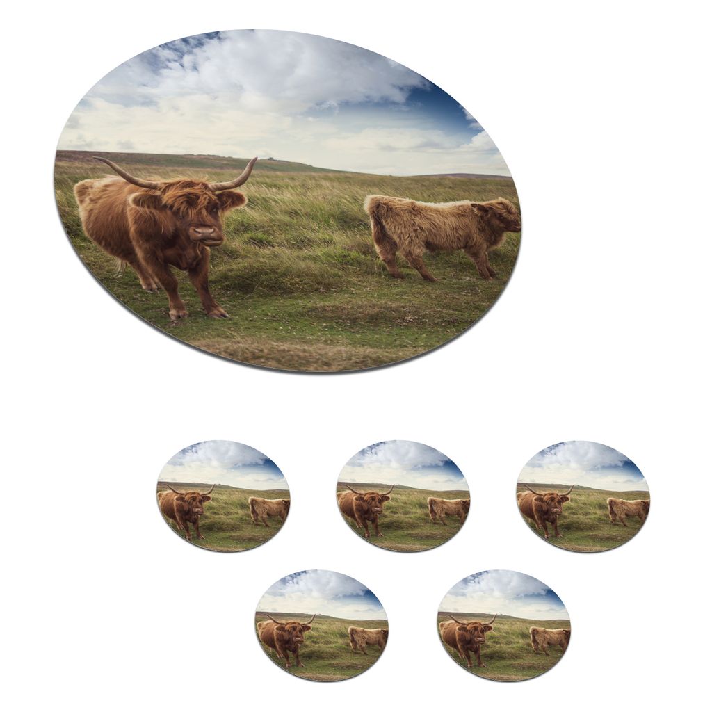 KitchenYeah Glasuntersetzer Rund 6er Set Schottische Hochlandrind - Fleece - Herbst 10x10 cm Untersetzer für Gläser - Getränkeuntersetzer - T...
