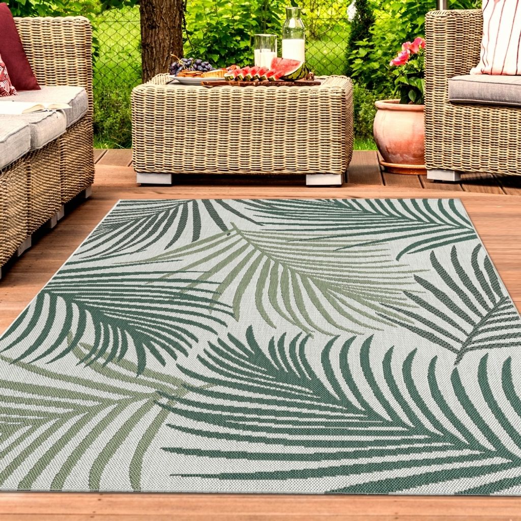 In- & Outdoor Teppich Sisal Optik Palmenzweige in grün auf sandfarbe Größe - 120 x 170 cm