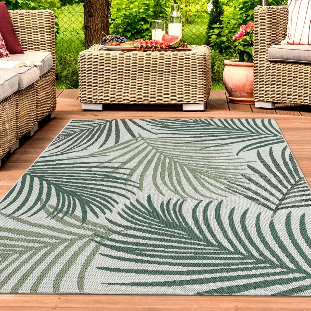 Tapis résistant aux UV motif palmier vert et sable - 140x200 cm Sisal