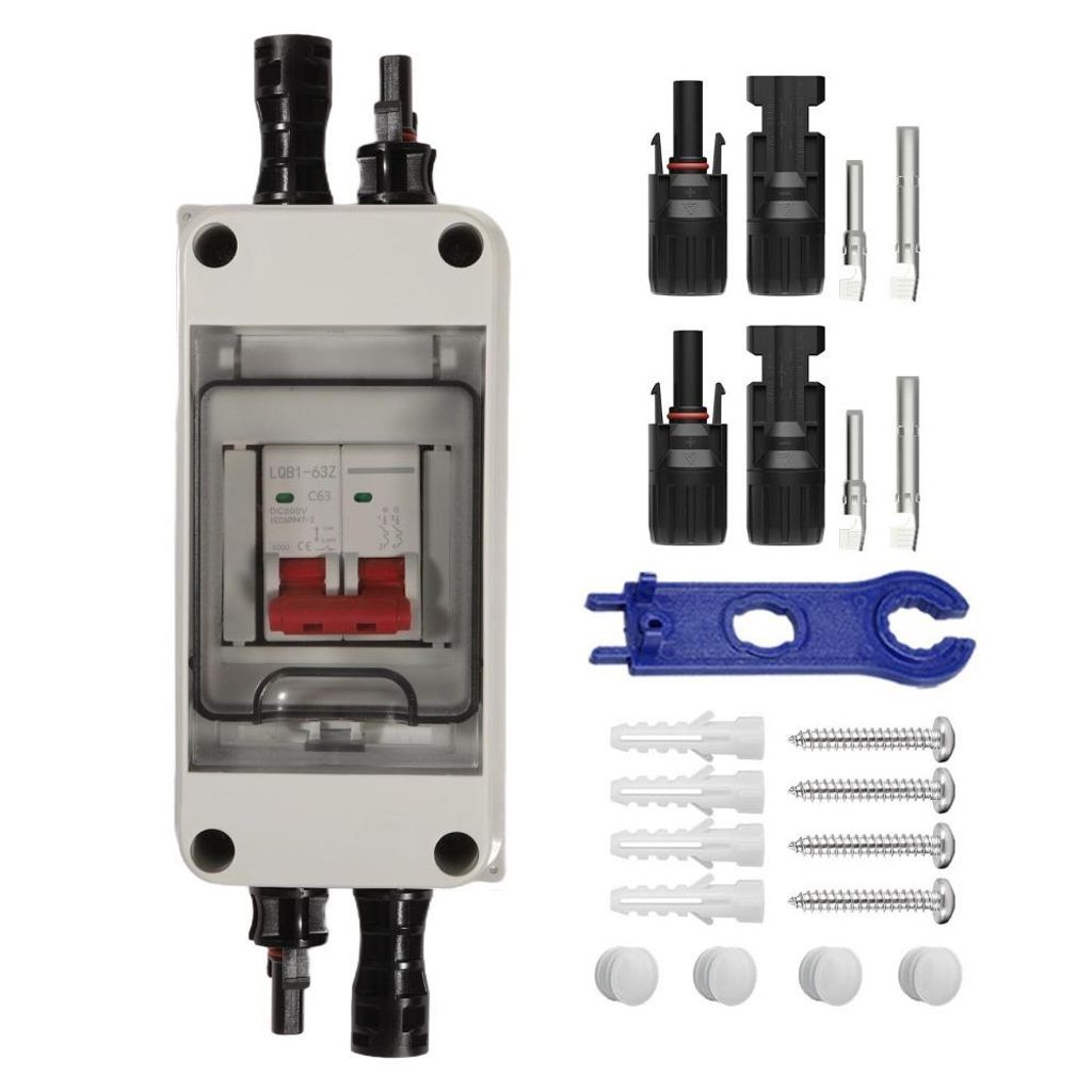 Solarschutzschalter Leitungsschutzschalter 2P DC 500V 16A Trennschalter mit wasserdichtem Verteilerkasten (IP65) inklusive Kabel und PV-Anschluss
