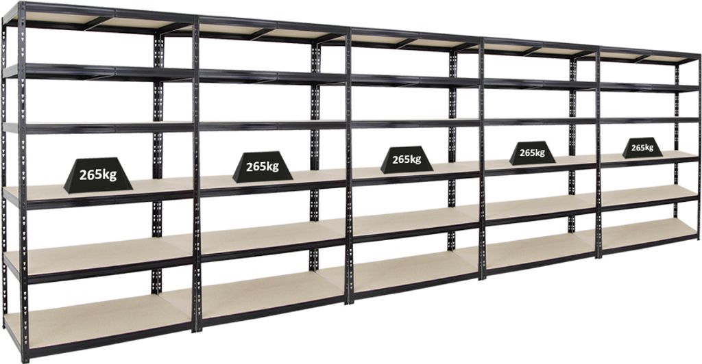 Mega Deal | 5x Schwerlastregal Giant Tiger XL | HxBxT 220x120x60cm | Fachlast 265kg | 6-Ebenen | Schwarz | Garagenregal, Lagerregal, Steckregal, Ke...