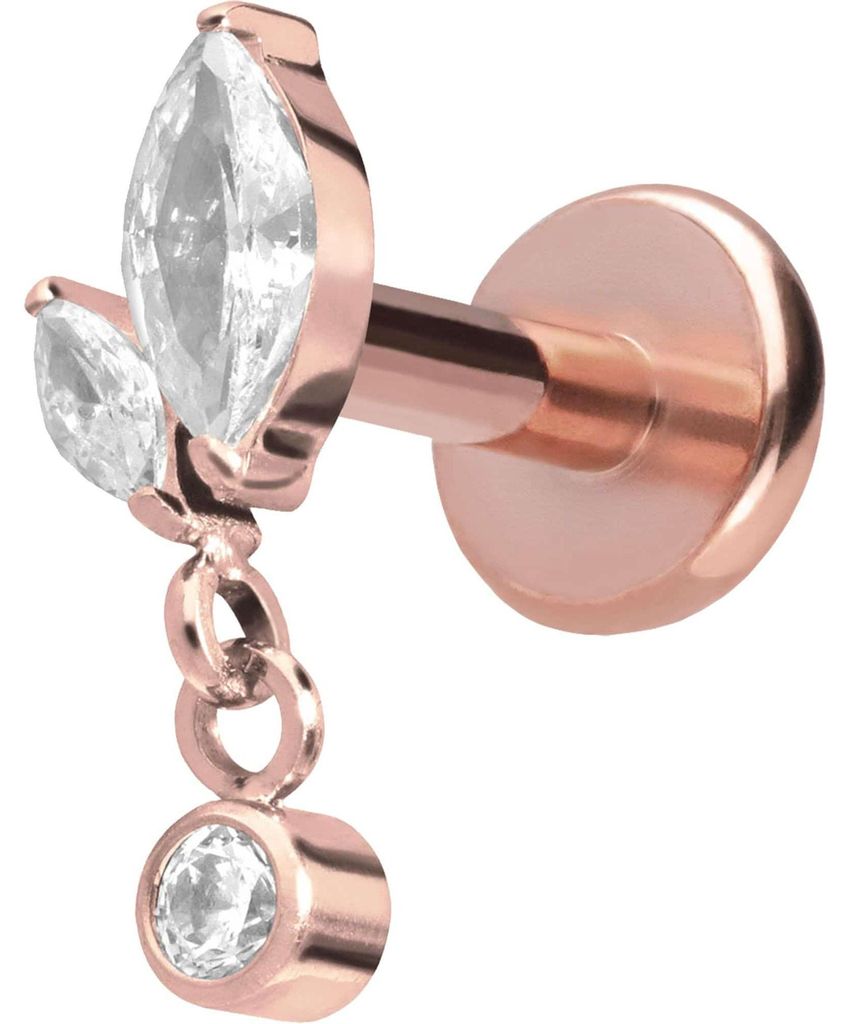 Ohrpiercing, Nasenpiercing Titan Labret mit Push Fit KNOSPE + KRISTALL RoséGold Stablänge: 7mm | Stabstärke: 1,2mm