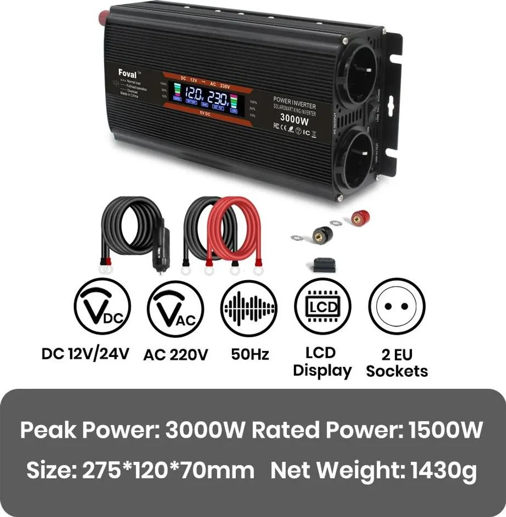 Onduleur voiture 3000W Noir avec prises multiples et double tension