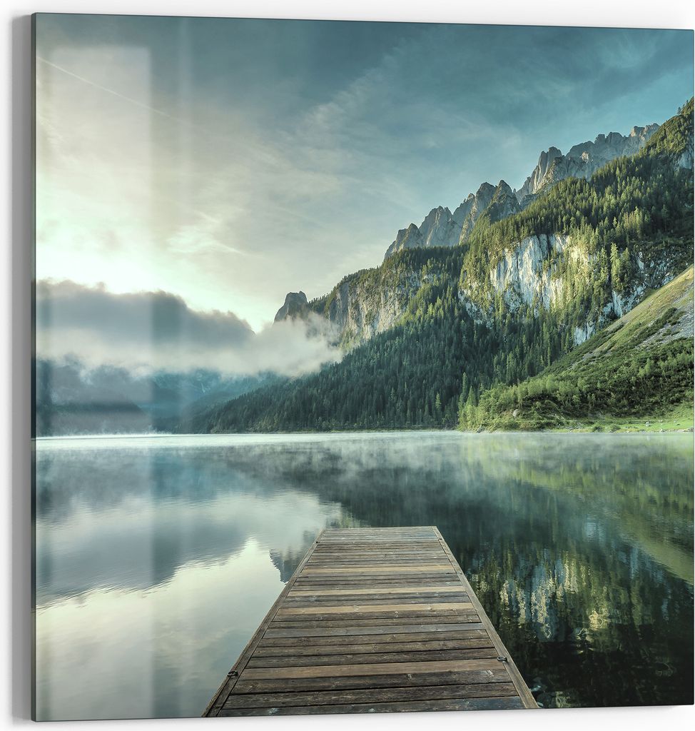 DEQORI Glasbild Echtglas 30x30 cm 'Nebelgeheimnis am See' Wandbild Bild modern Deko