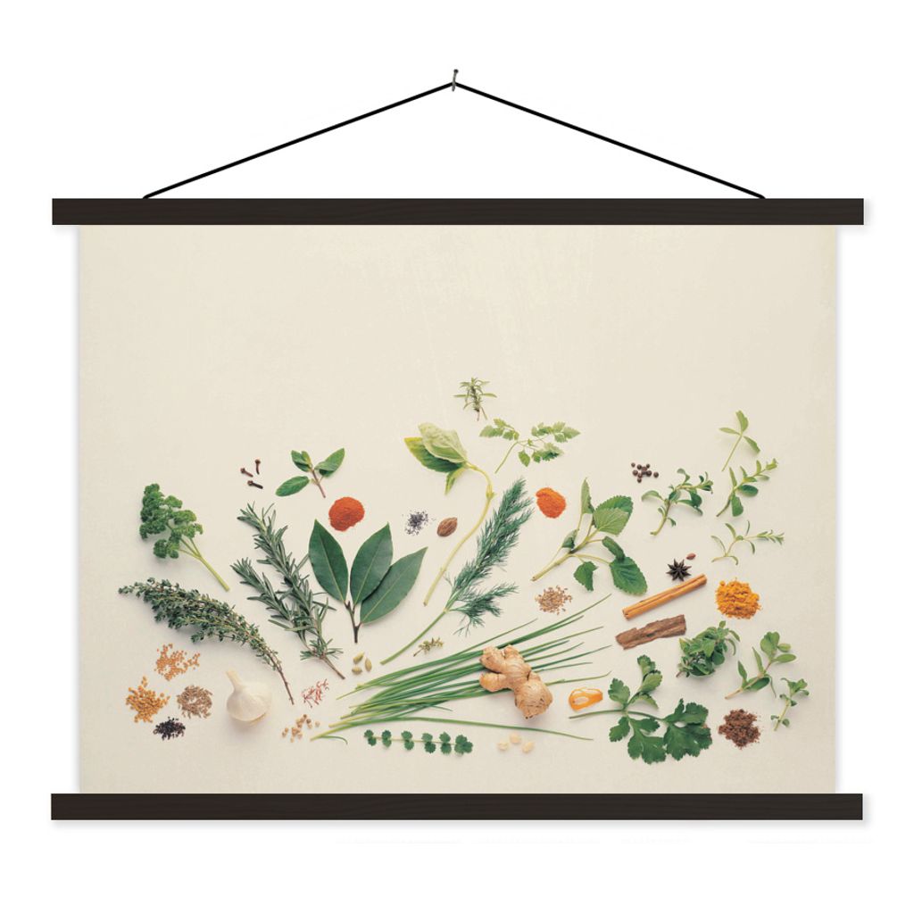 MuchoWow Textilposter Kräuter und Gewürze auf einfarbigem Hintergrund 40x30 cm mit schwarzem Rahmen - Dekorationen
