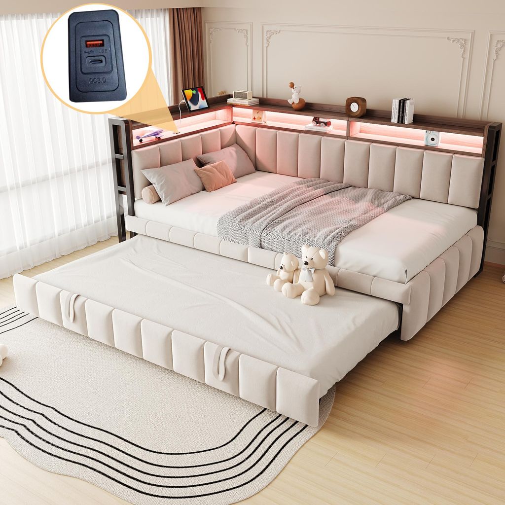 okwish Jugendbett 90x200 Schlafsofa ohne Matratze,Bettgestell mit Ausziehbett und LED-Beleuchtung,Kinderbett Daybett mit mit USB- und Typ-C-Anschl...