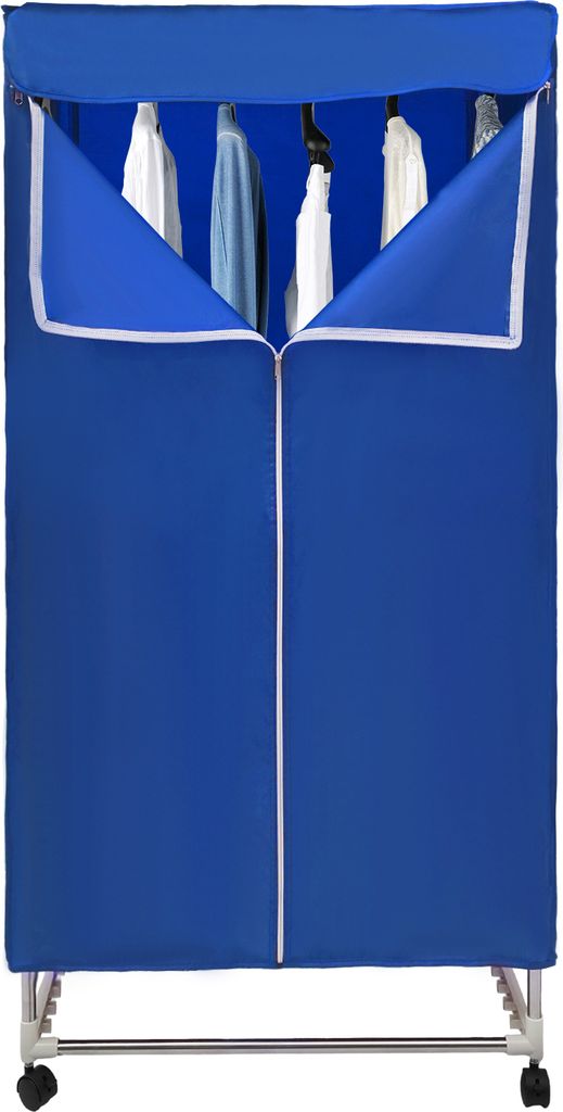 A blue foldable electric heated clothes rack with clothes hanging inside, shown from the front with the doors partially open.