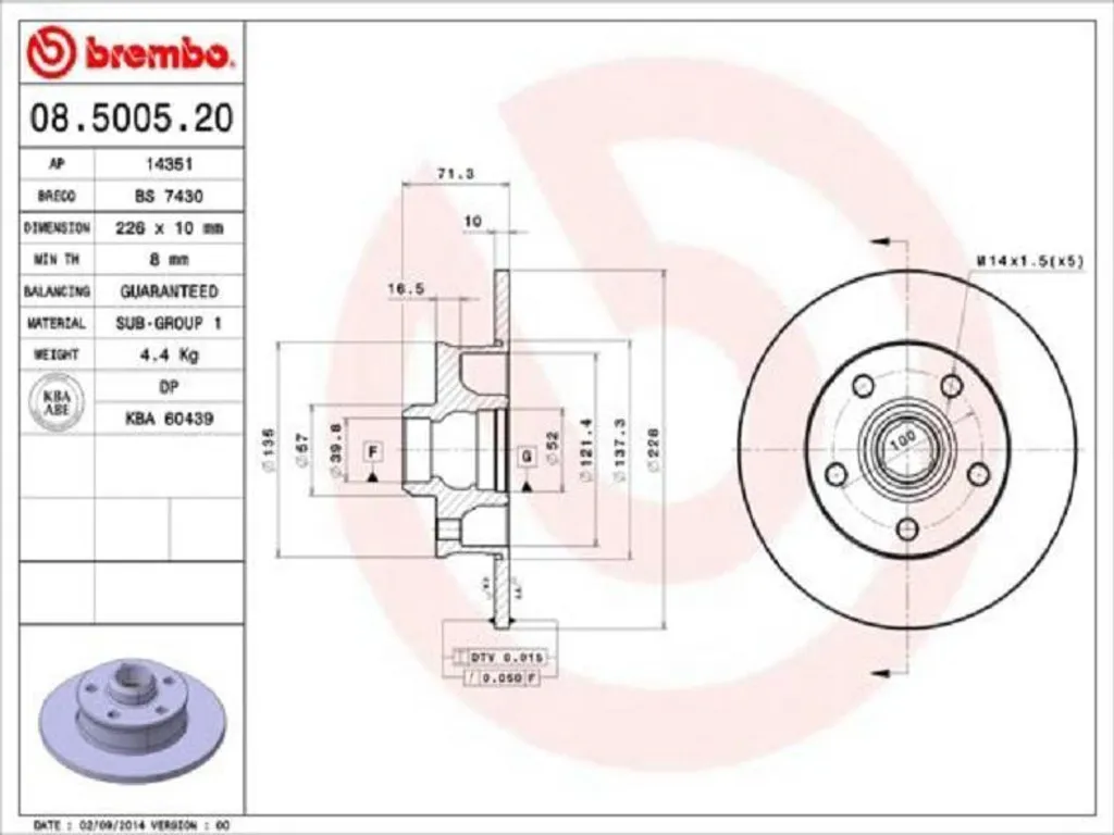 Disque de frein arrière plein 226mm BREMBO 08.5005.20 de qualité OE