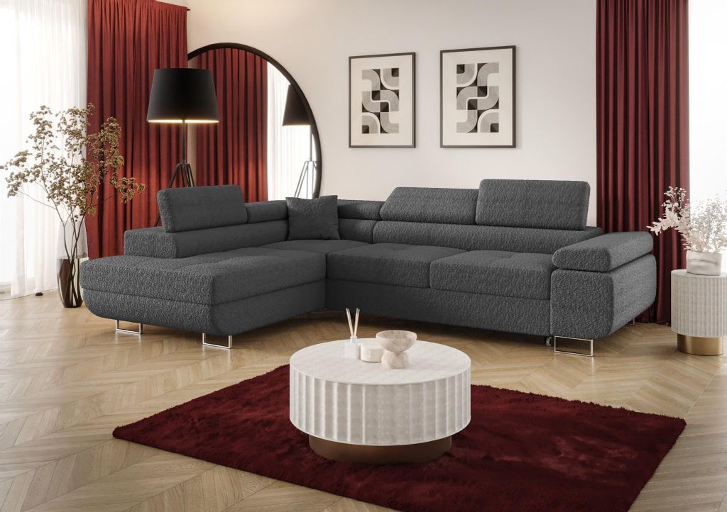 Ecksofa Schlafsofa Sofa MONARO Stoff Quelle Dunkelgrau Ottomane Links