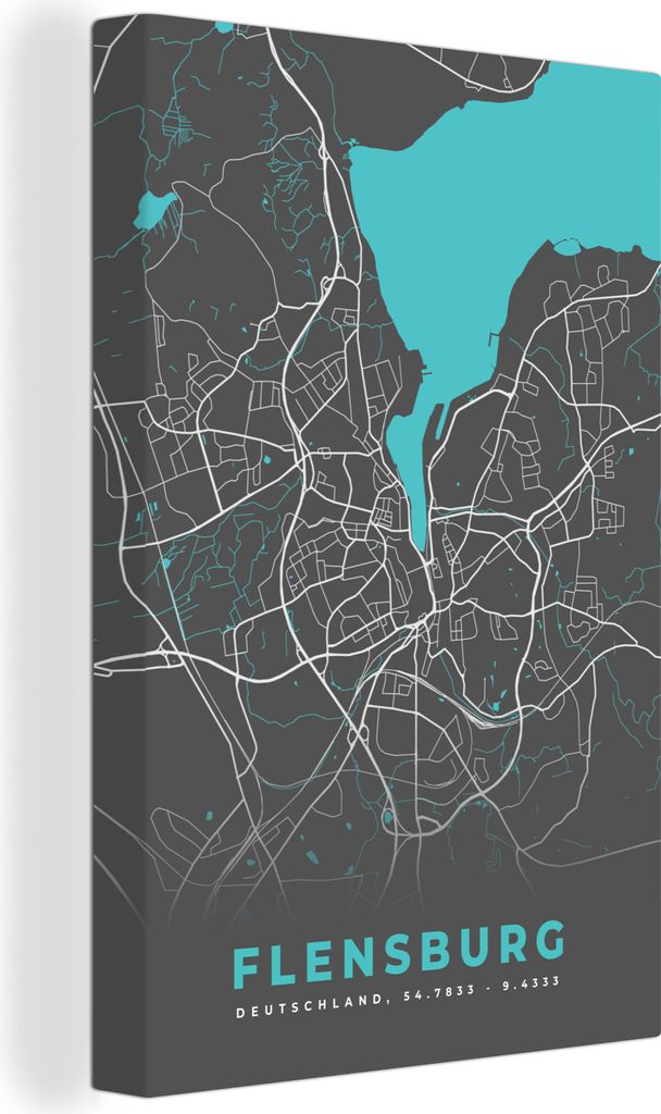 OneMillionCanvasses - Leinwandbilder - 90x140 cm, Stadtplan - Karte - Deutschland - Blau - Flensburg - Karte, Wandbilder Kunstdruck Wanddekoratio...