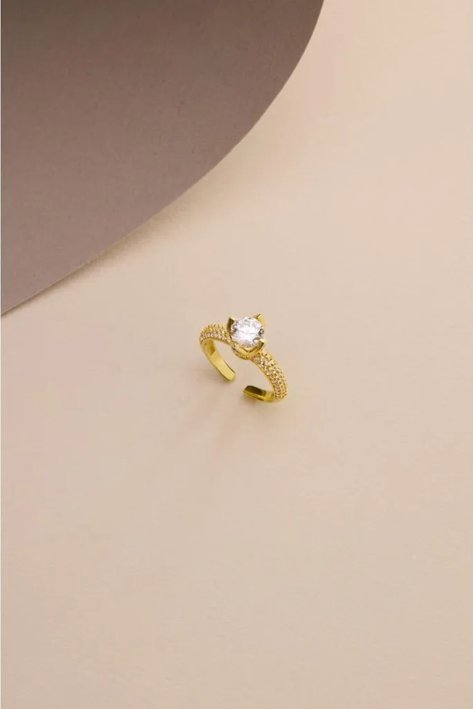 Bague solitaire zircone 6mm et argent 925 doré, anneau ajustable