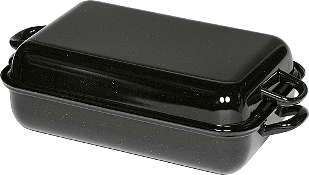 A black roasting pan with a lid, shown from a diagonal angle.
