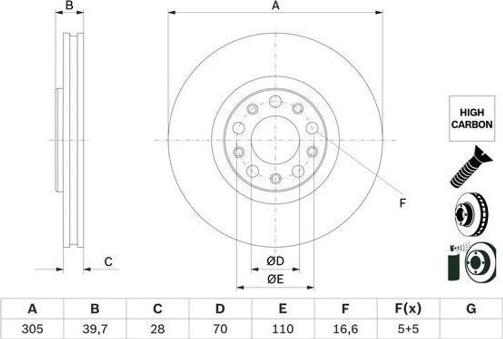 2x BOSCH Bremsscheibe 0 986 479 G89 für FIAT 500X (334_) 39 7mm 305mm