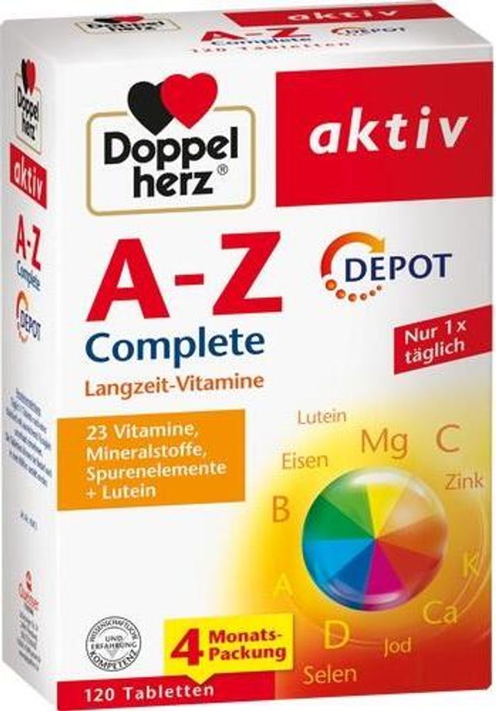 The image shows the front of a product box for Doppelherz A-Z Complete Depot Tabletten.